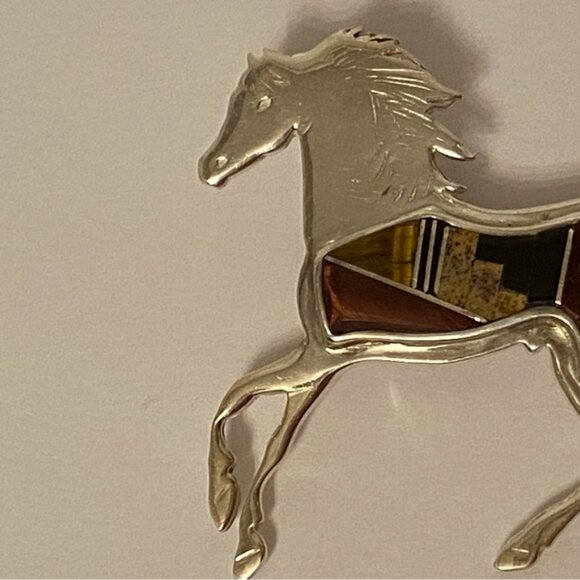 P. BECENTI CALVIN BEGAY NAVAJO BROOCH STERLING SILVER MULTI STONE INLAY HORSE - Picture 7 of 15